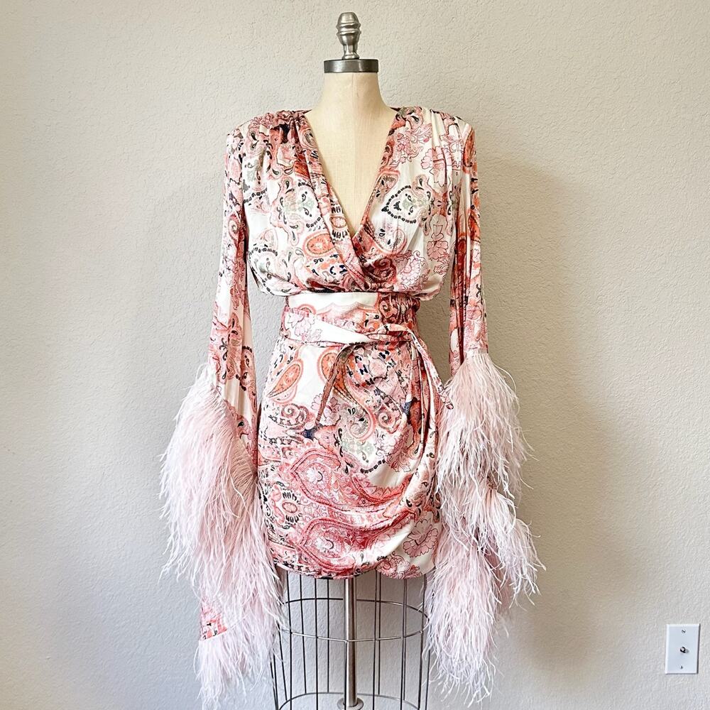 BRONX & BANCO Geisha Mini Dress Pink Paisley Feather Cuff Silk Glam
